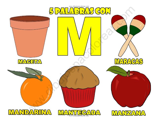 Cinco Palabras con la letra M dibujo a color y para colorear